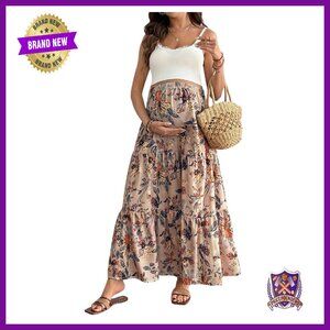 Maternity Maxi Skirt Floral High Waist Elastic Ruffle Flowy Boho